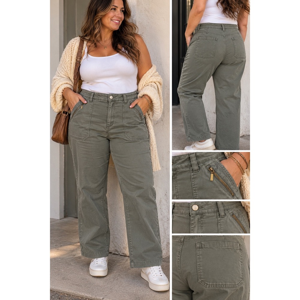 Democracy Ab Technology Olive Green Utility Cropped Pants Size 16 Brass Zippers